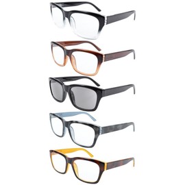 Eyekepper 5 Pack Spring Hinges Large Square Frame Reading Glasses Include Sunshine Readers +4.00