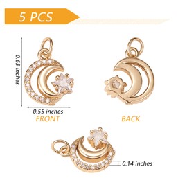 COGCHARGER 10 Pieces Moon with Star Brass Charm Pendant Cubic Zirconia Moon Phase Charm Real 18K Gold Plated for Jewelry Necklace Bracelet Making Crafts