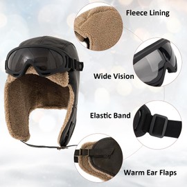 Peicees Vintage Aviator Hat and Goggles Waterproof Leather Trapper Hat with Ear Flaps Pilot Costume for Adult Ski Goggles Brown