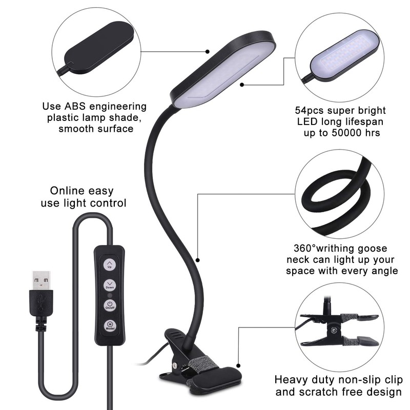 Clip On Reading Light, Eye-Care Dimmable Desk Clamp Lamp with
