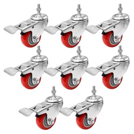 FactorDuty 3 Inch RED Caster Wheel with Brake Dual Locking 3/8"-1.2" Threaded Stem Mount Caster Wheel Polyurethane Wheels Premium Non Marking No Noise 250LB Per Wheel (Pack of 8)