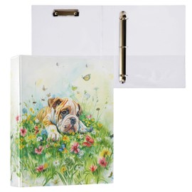 Bulldog Puppy Dogs Flowers 3 Ring Binder 1.5" Decorative D-Ring Binder with Clipboard&3 Clear Pockets, Holds 200 Sheets A4 Size Paper Waterproof Binders for School Home Office