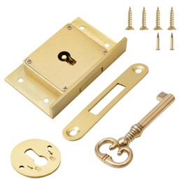 UFURMATE Vintage Lock, 1 Pack Brushed Cabinet Lock Set with Key & Backplate Retro Desk Drawer Spring Lock Decorative Antique Brass Lock for Cabinet, Wardrobe, Drawer, Cupboard, Wooden Boxes