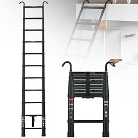 Aluminum Telescoping Ladder with 2 Detachable Roof Hooks, 10.5FT Portable Extension Ladder Multi-Purpose Lightweight Folding Ladder RV Collapsible Ladder, Anti-Slip Feet Attic Ladder, 330 Lb Capacity