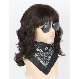 Topcosplay Mens Mullet Wig 70s 80s Outfit Costume Black Brown Long Curly Wavy Rocker Disco Funny Wigs