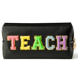 CY2SIDE Colorful TEACH Letter Patch Makeup Bag Black PU Leather Patch Cosmetic Bag with TEACH Chenille Letter for Travel Waterproof Portable Zipper Big Travel Organizer for Teacher Appreciation Gifts