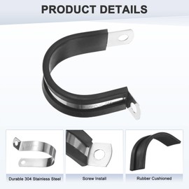 M METERXITY 6-Pack Cable Clamps, 1-1/4 Inch/ 32 mm 304 Stainless Steel Rubber Cushioned Insulated Cable Clamp R Shape Metal Holder for Tube/Wire/Pipe/Loop Installation