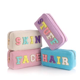 TRIP TIGER 4Pcs Corduroy Makeup Bag with Chenille Letters - Cute Preppy Face Skin Hair Stuff Cosmetic Organizer for Girls, Durable Women Travel Toiletry Pouches