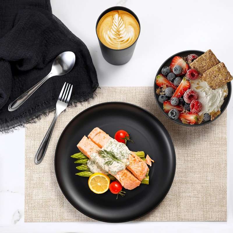 YARRGGU 24pcs Matte Black Dinnerware Set, Plates Bowls & Cups,