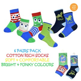 Baby Boys 6 Pairs Cotton Rich Tot Socks | Toddler, Infant, Newborn, Child | Fun Designs Cars, Trucks, Monsters, Dinos | Soft, Comfortable, Cozy, Warm for All Seasons | 0-24 Months, 0-2 Years Old