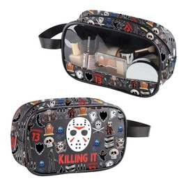 ZJXHPO Jason Killing It Clear Makeup Bag Friday Movies Jason PU Leather Cosmetic Bag with Handle Horror Movie Lover Gift (C-Jason Killing PU)