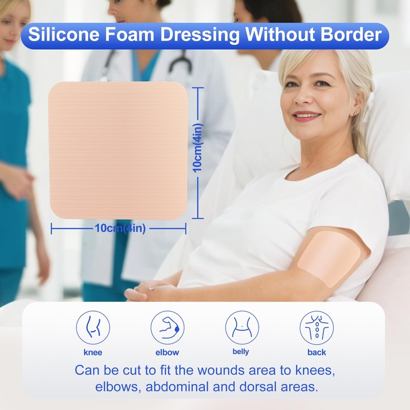Niceful Silver Silicone Adhesive Foam Dressing Without Border, 4"×4" Ag