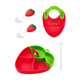 Ecrekhom Silicone Baby Feeding Set 5 Pcs,Weaning Supplies,Strawberry Baby Plates,Food-Grade Silicone Material High Temperature Resistance With Bibs For Babies (Red)