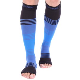 Doc Miller Open Toe Compression Socks Women and Men 20-30mmHg, Toeless Compression Socks Women, Support Shin Splints and Calf Recovery, Varicose Veins, 1 Pair Small Black Blue Blue Knee High