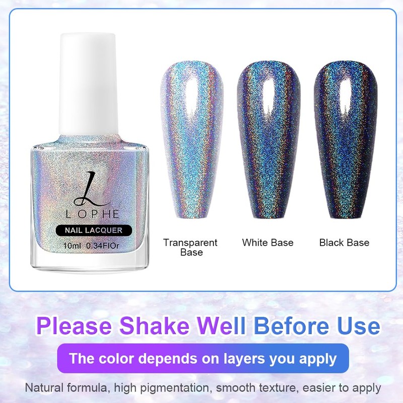 LOPHE Glitzer Nagellack, Nagellack Holographic Glitter Reflective, Schnelltrocknend Shimmer Nagellack,