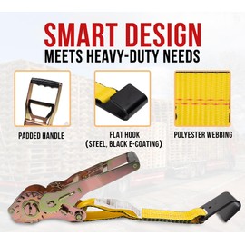Mytee Products 4" x30' Self-Tensioning Ratchet Tie Down Straps with Flat Hooks - 5,400 Lbs WLL - Heavy Duty Tie Down Ratchet Straps for Flatbed, Truck, Trailers, Cargo, Pickup - Yellow