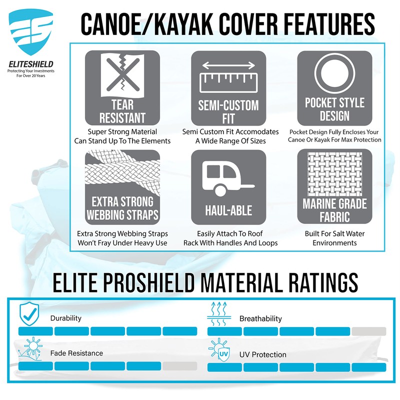 EliteShield Canoe Cover Kayak Cover; Waterproof UV Resistant Marine Grade