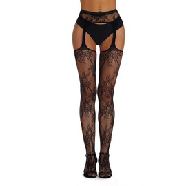 ohyeah Suspender Pantyhose for Women Floral Lace Fishnet Tights Thigh High Stockings with Garter Black Fishnet Leggings