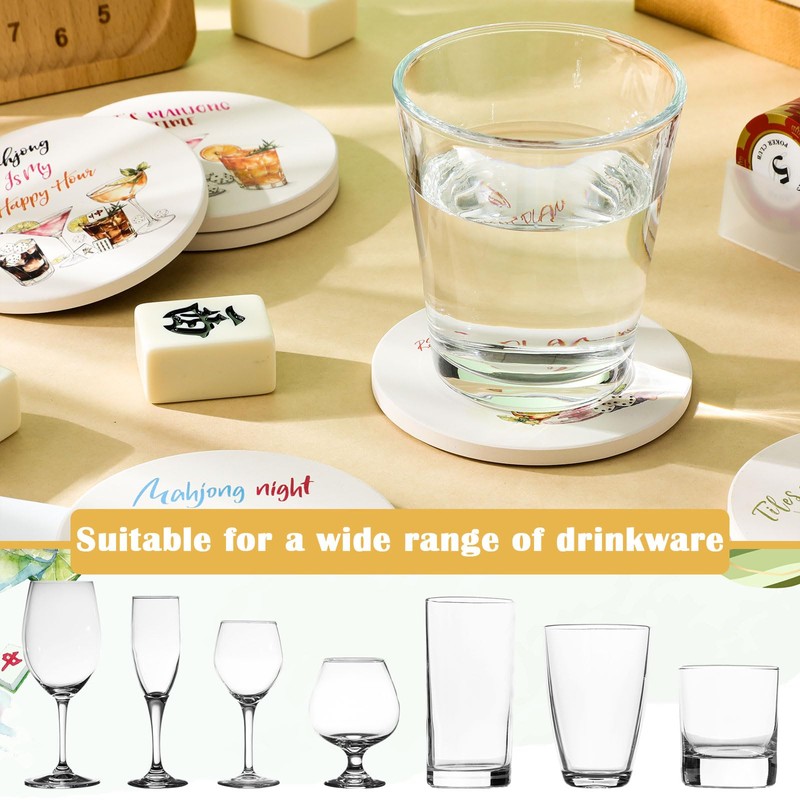 BrightRow 6 Pcs Mahjong Cocktail Coasters 4 Inches Round Ceramic