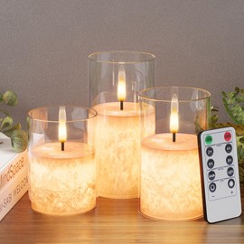 VIODAIM Crystal Texture Design Flickering Flameless Candles with Remote & Timer, Real Wax Battery Operated Candles with Flickering Flame, Realistic Battery Candles, Clear Glass - 3Pack [3"×4"/5"/6"]