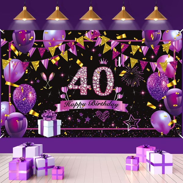 Purple 40th Birthday Decorations Banner Purple Black Gold Happy Birthday Sign Large Shiny Purple Black 40th Birthday Backdrop Background Photo Booth for Women 40th Birthday Anniversary Party Supplies