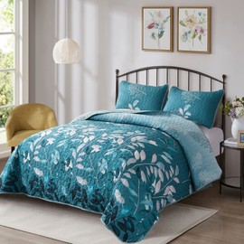 WONGS BEDDING Quilt Set California King, 3 Pieces Teal Floral Botanical Leaves Bedspread Coverlet Set with 2 Pillowcases for All Season, Soft Microfiber Floral Bedding Set 106"×96"
