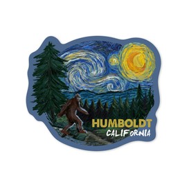 Lantern Press Sticker Humboldt, California, Bigfoot, Van Gogh Starry Night, Die Cut Vinyl, (Waterproof Decal for Cars, Water Bottles, Laptops, Coolers), Small