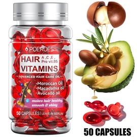 POEROES 50 Capsules Hair Oil With Argan Avocado & Moroccan Oil - Hair Vitamins A C E Pro B5 - Hair Serum for Frizzy and Damaged Hair ， Leave In Conditioner ，Conditioner for Women & Men ， Haircare Shampoo Comfort Cleansing