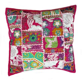 Rastogi Handicrafts Handgefertigtes Patchwork-Kissen, Sari-Patchwork-Kissen, indisch, ethnisch, bestickt, Sari-Patchwork-Kissenbezug (rosa)