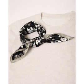 MayTree Silk Scarf, Colourful Neckerchief for Women, 100% Mulberry Silk, Square Flower Branches, 53 x 53 cm, Black, white, blue, beige