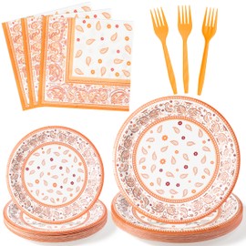 K1tpde Cholo Bandana Party Tableware - 96PCS Cholo Gangsta Theme Bandana Orange Paper Plates Set Western Cowboy Birthday Party Disposable Dinnerware Paper Napkins Forks Bnadana Western Party Supplies