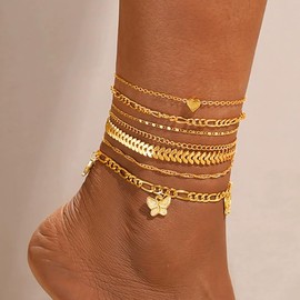 Jumcew Gold Ankle Bracelets for Women Waterproof Layered Figaro Cuban Link Chain Paperclip Herringbone Anklet Set Dainty Stackable Beaded Anklet Gold Summer Jewelry for Women E