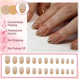 24Pcs Press on Nails Almond Medium, Nude Pink French Tip False Nails, Acrylic Fake Nails with Gold Edge Design, Elegant Glossy Full Cover Stick on Nail for Women Girls Manicure Decorations