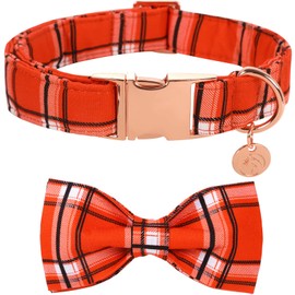 DOGWONG Fall Plaid Dog Collar with Removable Cute Bow Tie Adjustable Pet Collars, Soft Comfy Orange Plaid Pet Collar - Fall Dog Collar for Small Medium Large Dogs