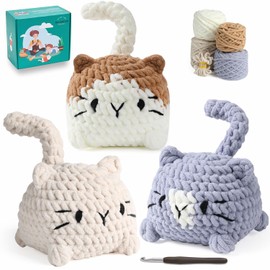Kit de ganchillo Eelexa para principiantes, kits de animales de ganchillo Amigurumi, aprender a ganchillo con tutoriales en video paso a paso para niños y adultos, principiantes, paquete de 3 gatos