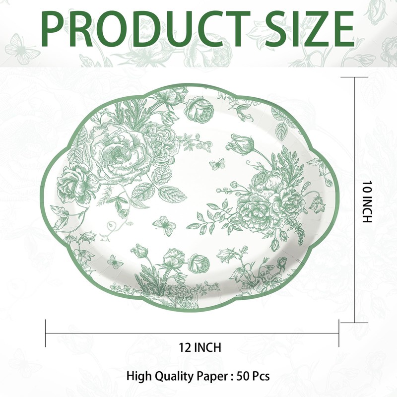 50Pcs Sage Green Floral Large Oval Paper Plates 12 x