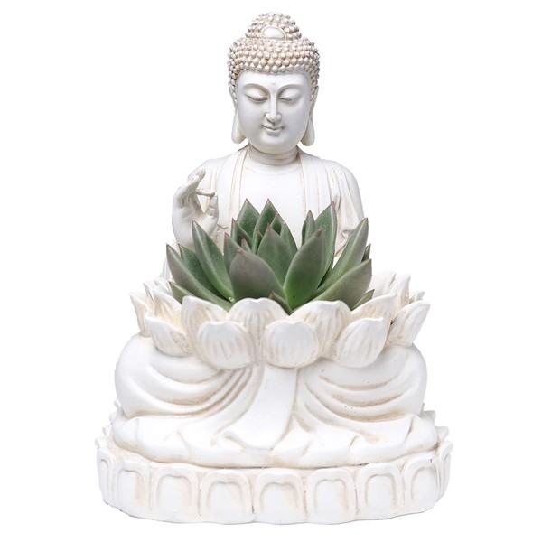 BELLA HAUS DESIGN Buddha Planter – 9.5" Tall Polyresin - Zen Plant Pot Holder for Succulent, Flower, Cactus - Garden Lotus Statue Indoor or Outdoor Decor