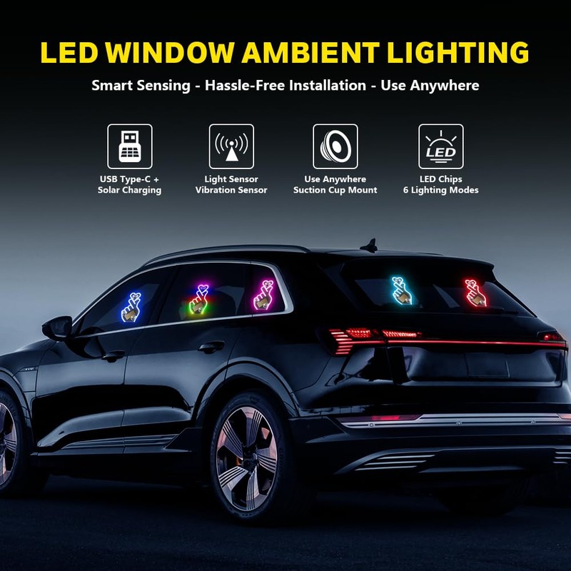 KaiDengZhe Finger Heart Car Window Light, Solar-Powered Wireless LED Heart