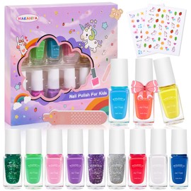 wakaniya Kids Nail Polish - Nail Polish Set for Girls 12 Rainbow Colors Toddler Nail Polish Kit with Nail Stickers, Water Based Natural Safe NonToxic Peel Off Kid Nail Polish Nail Art Set for Girls 5+