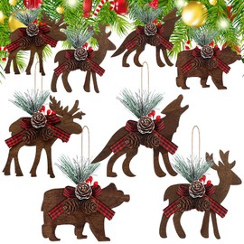 Blulu 8 Pcs Christmas Ornaments with Buffalo Plaid Bow Ornaments Xmas Tree Wooden Reindeer Wolf Bear Decorations Rustic Animal Hanging Decoration for Indoor and Outdoor Xmas Home Decor(Classic Style)