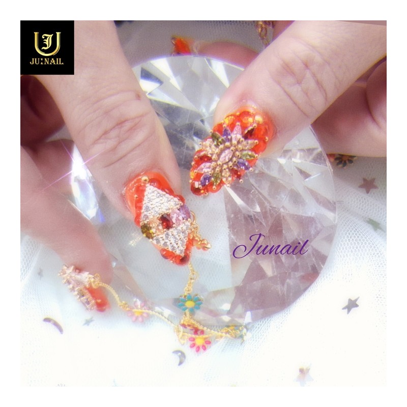 ❗Limited❗Orange Flower Handmade Nail Tips - Long Round / ❗한정❗오렌지플라워