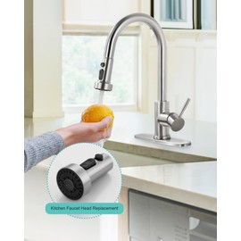 Pull Down Faucet Head Replacement: 3-Function Kitchen Faucet Sprayer Head Replacement with 9 Adapters - Brushed Nickel Sink Faucet Head Compatible with Moen, Delta, American Standard Faucets