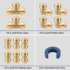 WMAXPFIT PEX Pipe Fitting 1/2 inch Set, Brass Push Fit Fitting 1/2 inch Set with 90 degree elbow, tee & coupling, push to connect for quick connection to PEX Tube Pack of 12