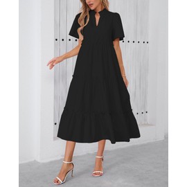 YEXPINE Women's V Neck Tiered Midi Dress Casual Short Sleeve Ruffle Flowy Summer Beach Vacation Long Dress Black