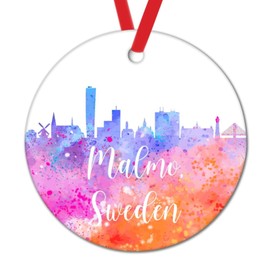 Sweden Malmo Skyline Christmas Ornament 2022 Sweden Malmo Watercolor Art Christmas Ornament for Kids Colorful City Landscape Christmas Stocking Filling Ceramic Ornament