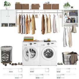 Unikito Wood Over Washer and Dryer Storage Shelves and Organizer, 118" Wall Mounted Laundry Room System with 3 Hanger Rods, Heavy Duty Laundry Room System, Space Saver Clothes Drying Rack, White