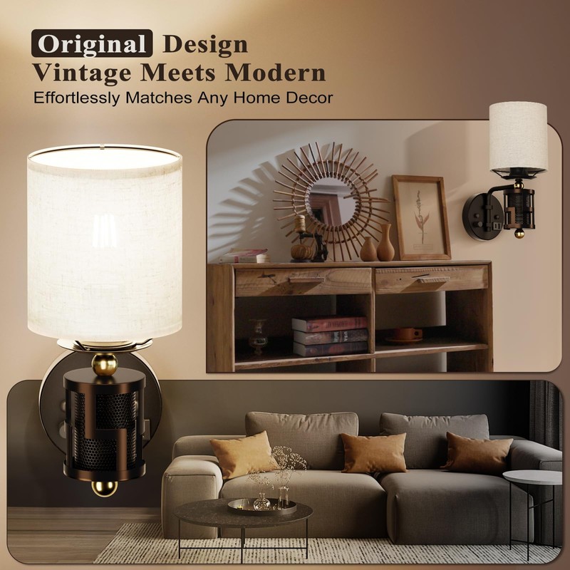 HYMELA V07-1 Vintage Wall Sconce Light with USB A+C Charging