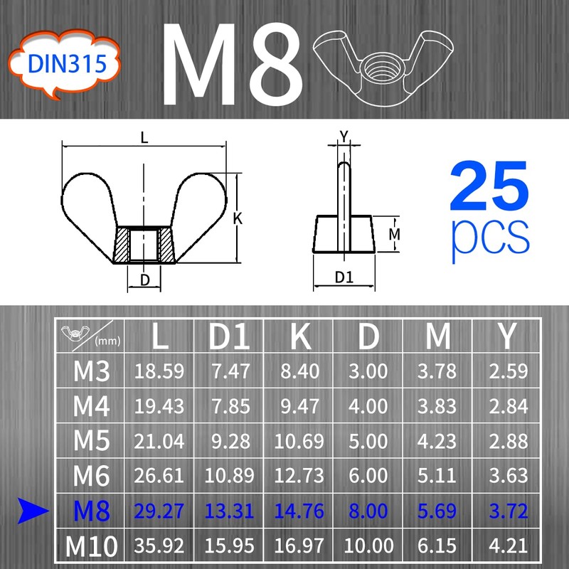 SWTYExt DIN 315 Wing Nut M8, Pack of 25 Butterfly