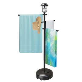 YACONA Sturdy & Solar-Powered Pool Towel Rack Outdoor - Adjustable Towel Racks with Wheels & Lights for Backyards
