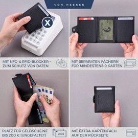 VON HEESEN Slim Wallet with RFID Protection - Mini Wallet Men & Women Small - Credit Card Holder - Wallet Small, Black Saffiano, Without coin compartment